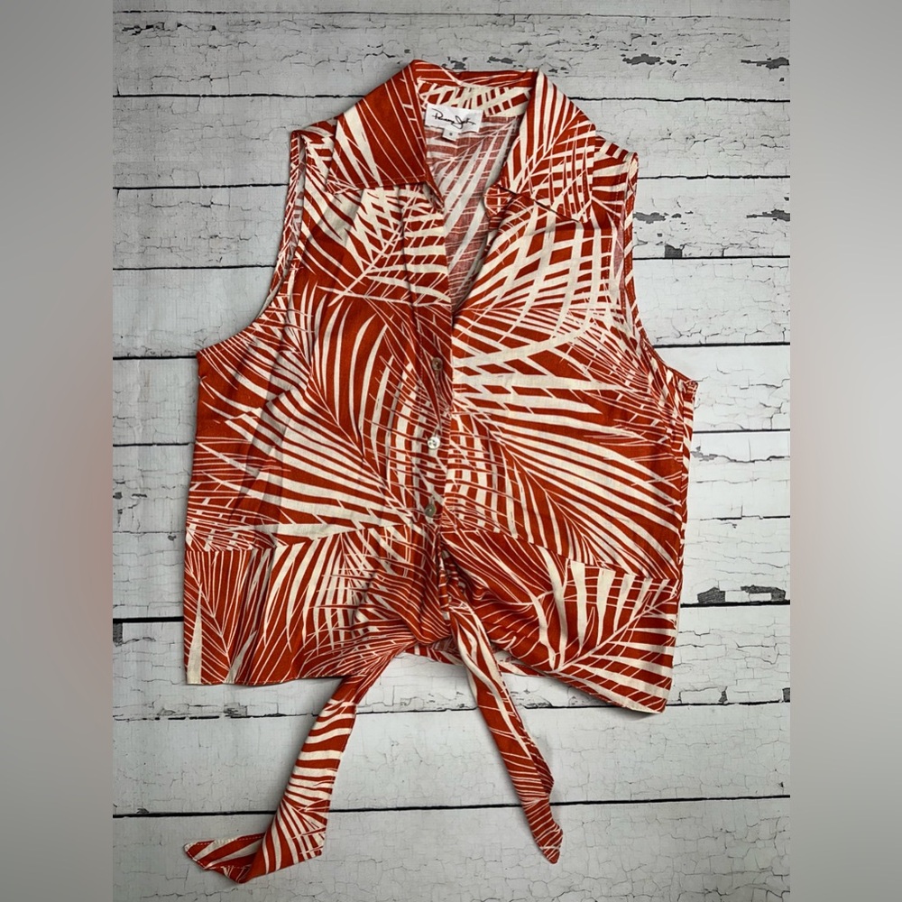 Panama Jack Tropical Tie-Front Button Tank Top - Rust & Cream size s